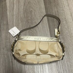 Coach Tan and Gold Shoulder Bag with Signature Monogram